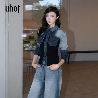 黑灰渐变拼接水洗牛仔外套