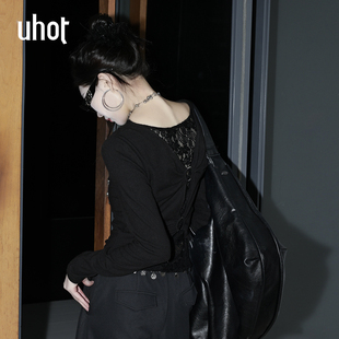 uhot/诱货黑色拼接蕾丝打底衫针织精致修身性感上衣女 UWWW3N796M