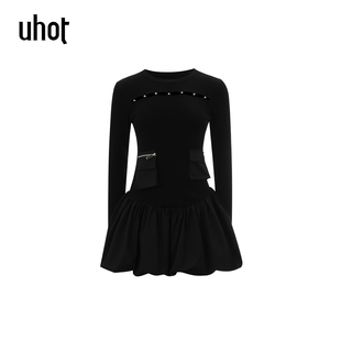 uhot UWWA3L282 诱货黑色镂空穿珠针织拼接连衣裙简约优雅25冬新款