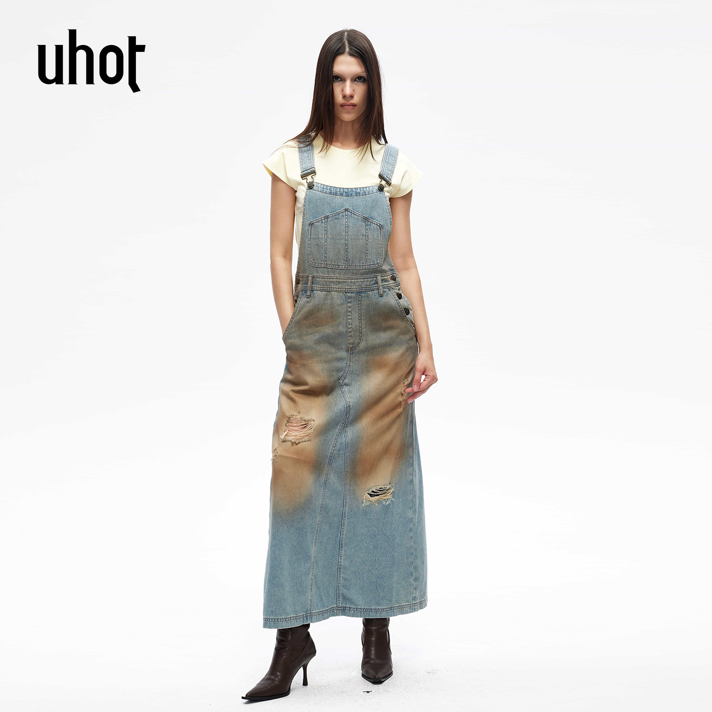 uhot/诱货26春蓝咖复古渐变水洗牛仔背带裙流光甜酷风UWLS3L051