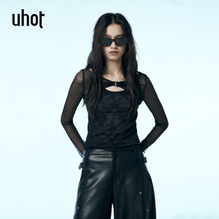 UWWA3N410 收腰显瘦性感秋冬新款 uhot 诱货黑色蕾丝假两件上衣修身