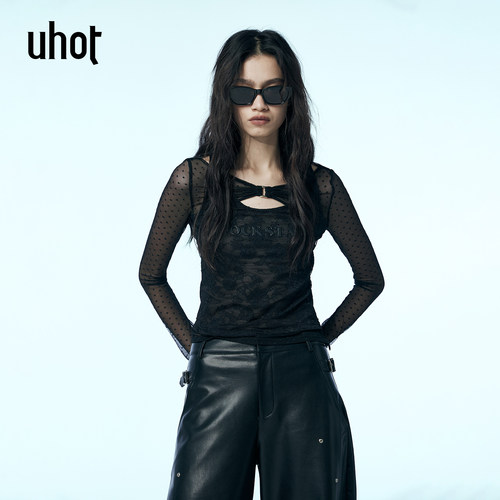 黑色蕾丝假两件上衣修身收腰显瘦