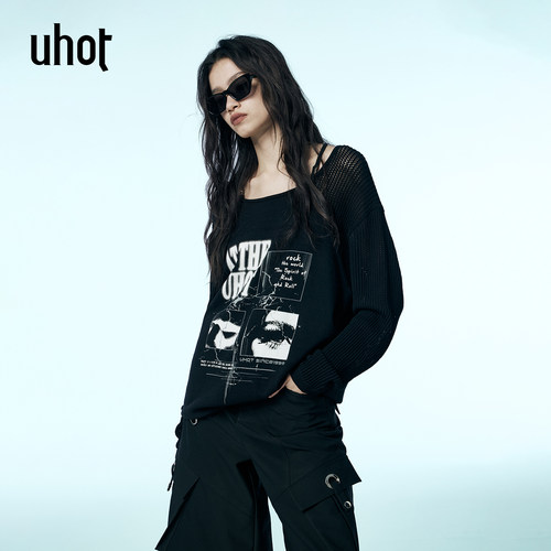 黑色印花叠穿针织吊带上衣女