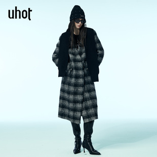 UWWW2W169 保暖25新款 uhot 诱货黑灰色羊毛格纹V领披肩风衣女经典