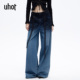 uhot 诱货26春蓝黑渐变水洗阔腿牛仔裤 蕾丝蝴蝶印花腰绳UWLS1K038