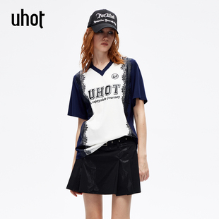 uhot UWLR1T376 诱货26夏蓝白撞色蕾丝印花宽松T恤女柔美蕾丝风潮