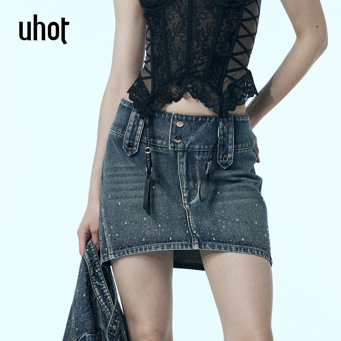 蓝色洗水重工洗牛仔亮钻半裙