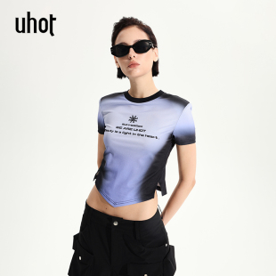 UWWR2T181 uhot 诱货黑紫渐变色休闲百搭正肩修容显瘦时尚 短袖 T恤