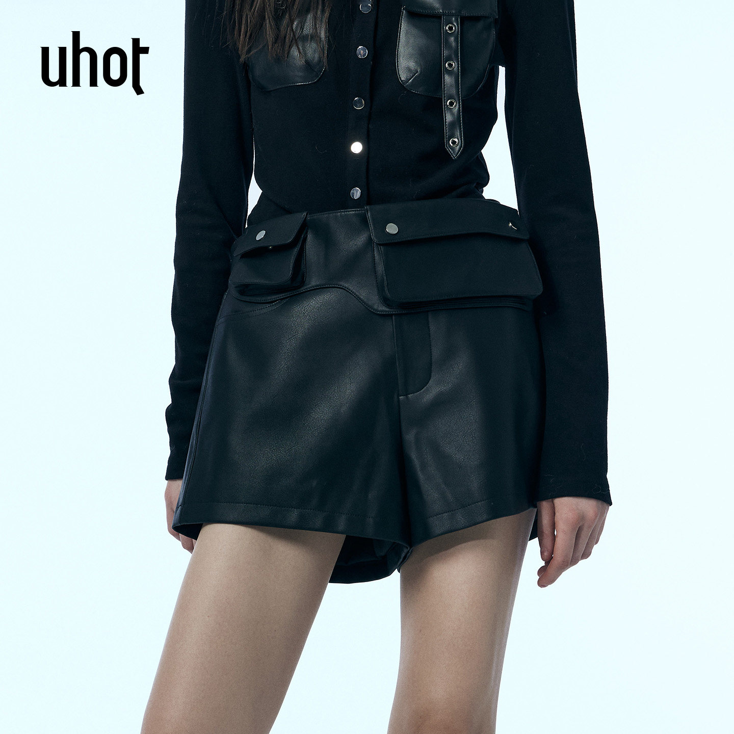 uhot/诱货黑色性感简约个性皮短裤25新款配：可拆卸腰包UWWW1D338,女装/女士精品,休闲裤,淘宝优惠券,粉丝福利购,淘宝优惠卷