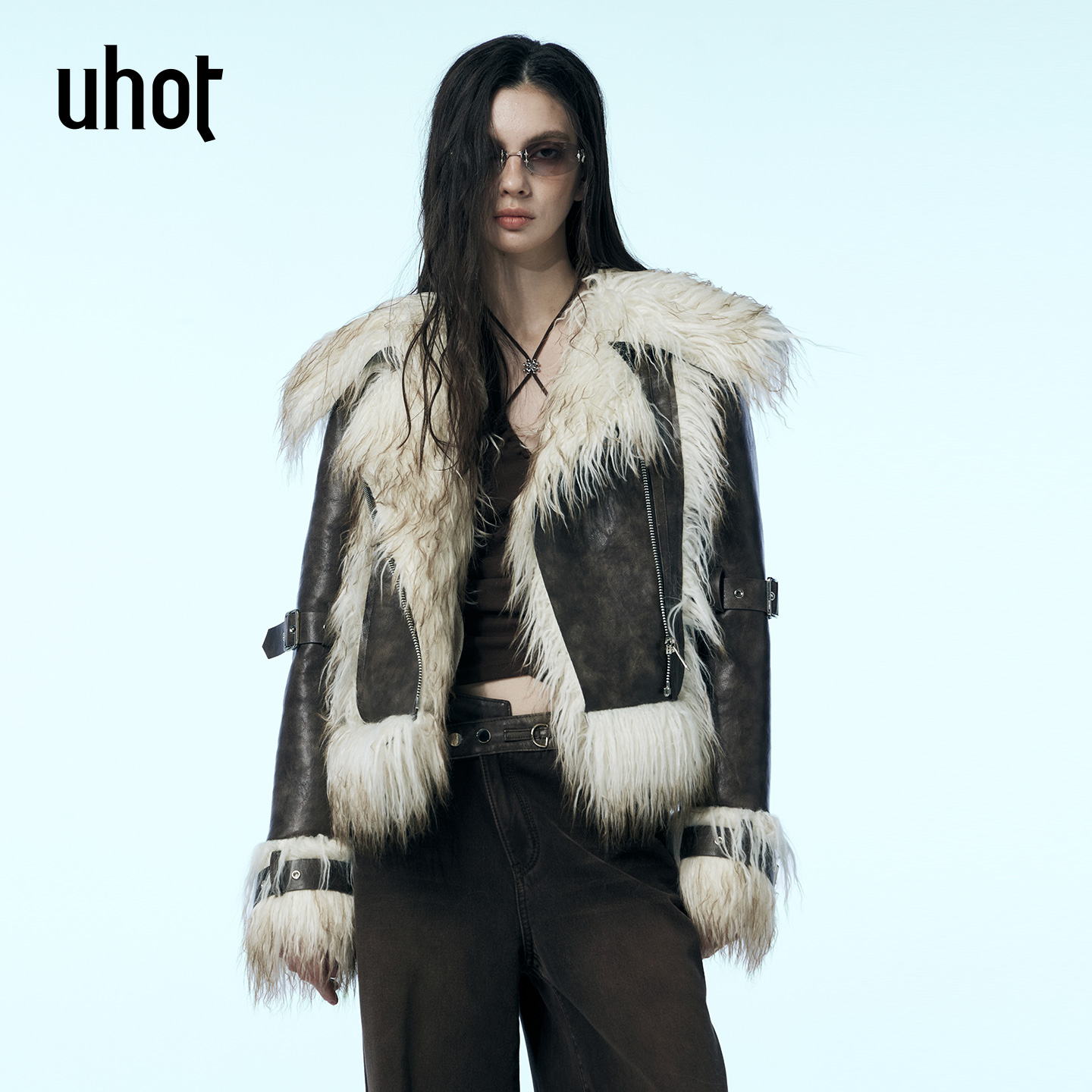 uhot/诱货咖色皮毛一体环保皮草