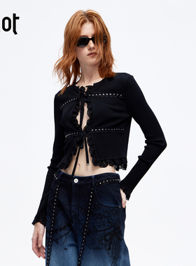 uhot/诱货26春黑色修身针织开衫女短款蕾丝铆钉织带设计UWLS1Z036
