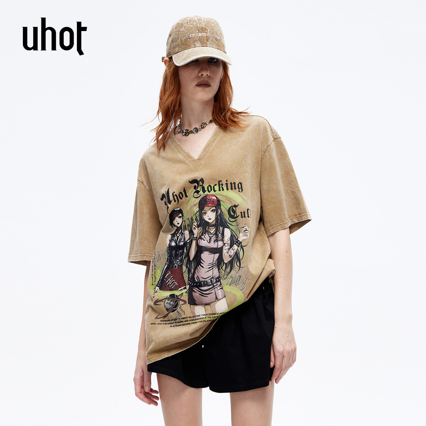 uhot/诱货26夏卡其复古漫画印花做旧t恤女松弛显瘦新款 UWLR5T441