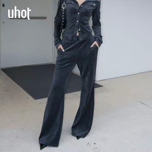 UWWW2K723M 休闲华丽烫钻街头运动风 uhot 诱货深灰色松弛感微喇裤