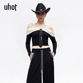 uhot 饰领带设计UWLS1N146 装 诱货26春新黑白撞色修身 一字肩针织衫