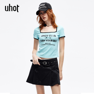uhot UWLR1T377 诱货26夏蓝黑撞色字母印花方领T恤复古流光甜酷风