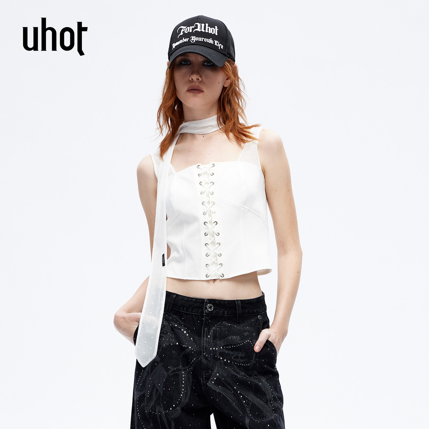 uhot/诱货26春白色短款穿绳束胸式吊带复古性感配：飘带UWLS1N362
