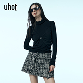 uhot 诱货黑色堆堆领高领上衣女抹胸假两件设计精致酷帅UWWW5N296