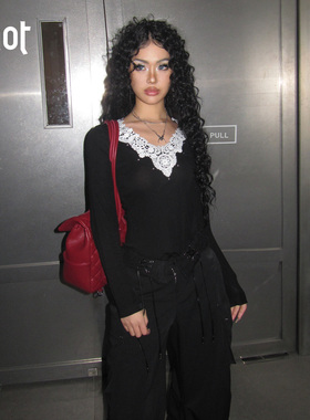 uhot/诱货26春黑色蕾丝打底衫柔美轻熟V领衫女性感露背UWLS1N628M