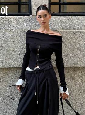 uhot/诱货黑色一字肩针织衫性感露肩优雅经典秋冬新款 UWWW1Z697M