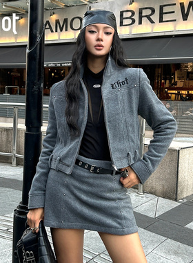 uhot/诱货灰色摇粒绒截短夹克外套女立领设计慵懒甜酷 UWWW2W712M