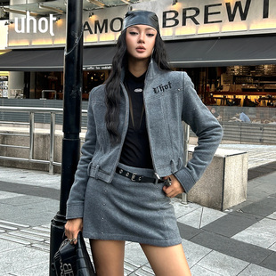 uhot/诱货灰色摇粒绒截短夹克外套女立领设计慵懒甜酷 UWWW2W712M