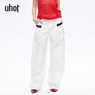摩登酷飒百搭 白色拼接铆钉宽松弯刀裤 UWLR1K373 诱货26夏黑 uhot