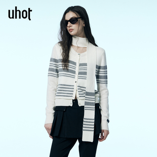 25新款 uhot 短款 修身 配：围巾UWWW2Z157 诱货白灰色假两件羊毛开衫