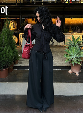 uhot/诱货26春黑色不对称荷叶边飘带衬衫优雅柔美穿搭 UWLS1C620M