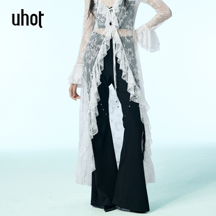 显瘦2025秋冬新款 修身 UWWA2K094 诱货黑色流苏弹力高腰喇叭裤 uhot