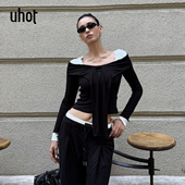 假两件错视一字肩设计上衣女 uhot 诱货黑色拼色针织衫 UWWA3N658M