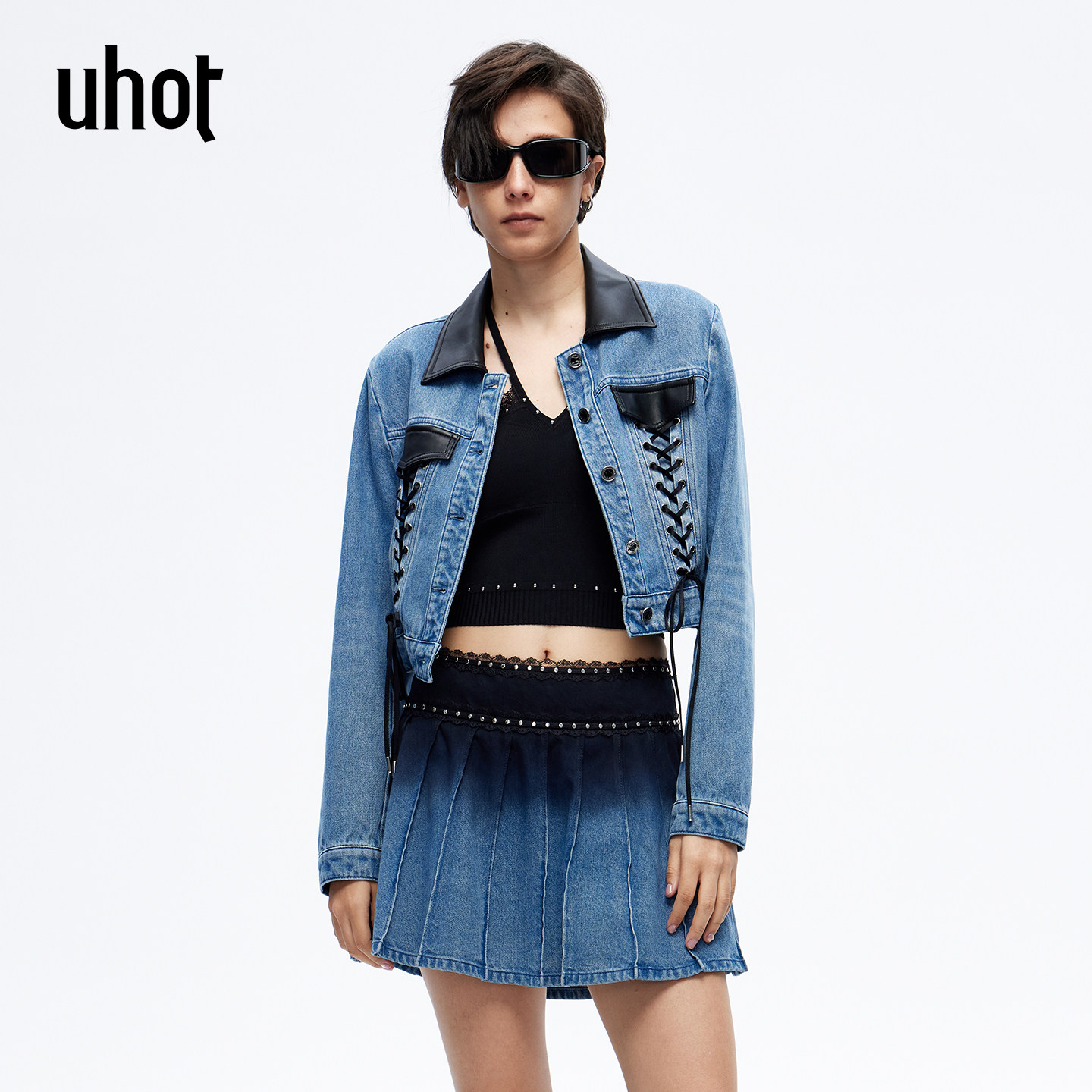 uhot/诱货26春海盐蓝短款牛仔夹克外套拼接皮革酷飒高级UWLS1W201