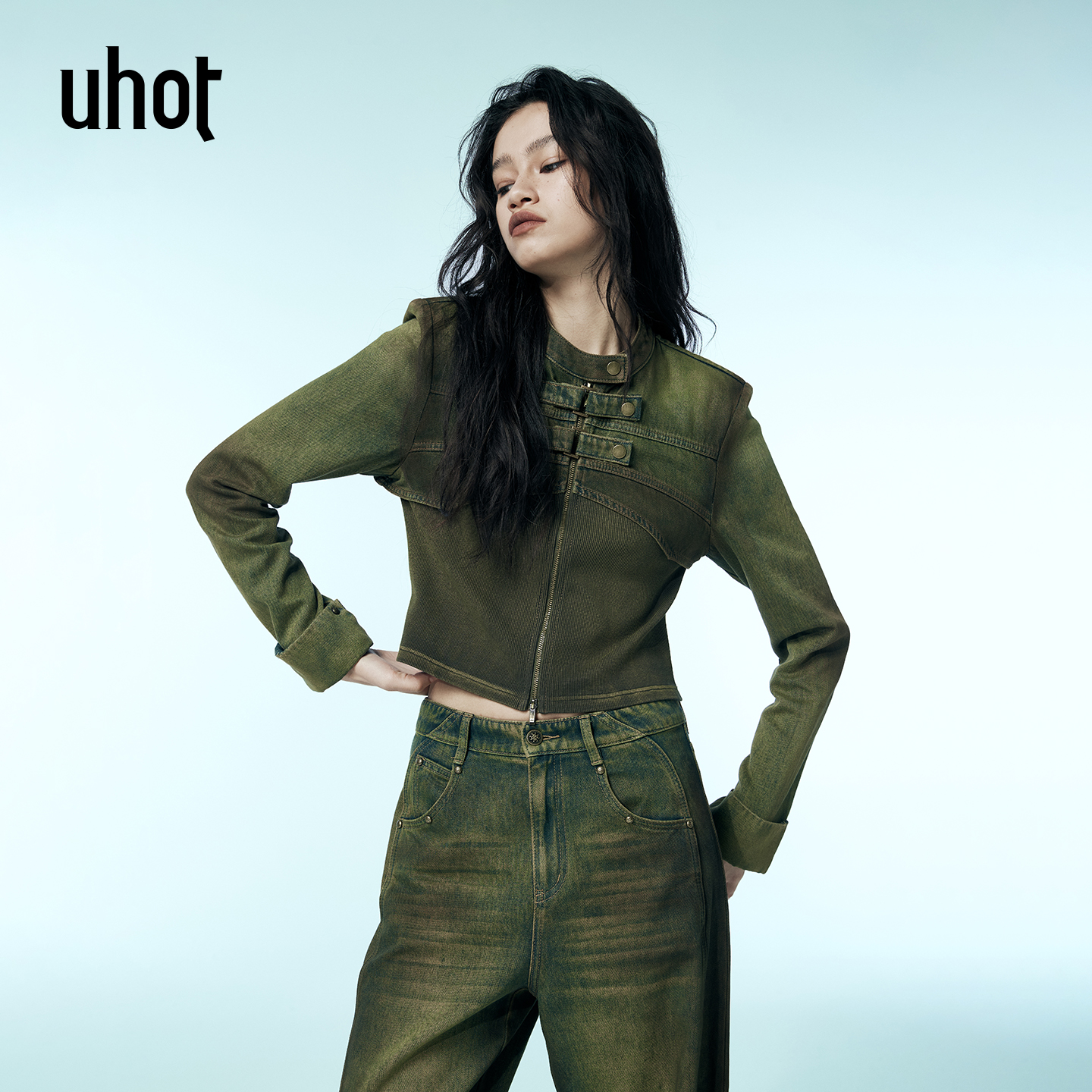 渐变假两件牛仔外套女