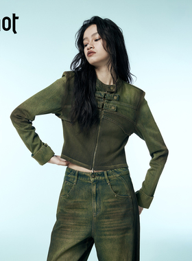 uhot/诱货黄绿色渐变假两件牛仔外套女轻废土风洗水复古UWWA1W052