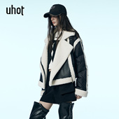 uhot 诱货黑白色环保皮毛一体外套女鹅绒上衣毛绒大翻领UWWW2W142