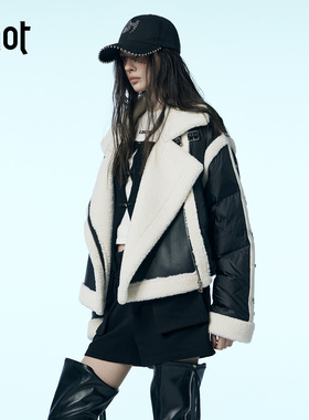 uhot/诱货黑白色环保皮毛一体外套女鹅绒上衣毛绒大翻领UWWW2W142