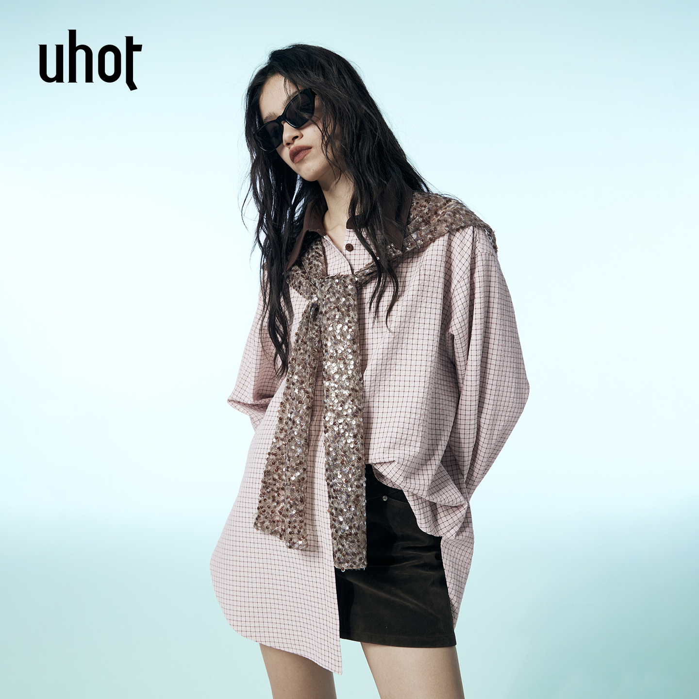 格纹披肩长袖衬衫女学院风