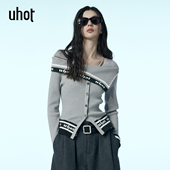 uhot 诱货灰色撞色字母坑条针织衫 女解构一字肩性感慵懒UWWW5Z345