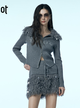 uhot/诱货灰色翻领修身羊毛针织开衫女短款廓形毛领设计UWWW2Z384