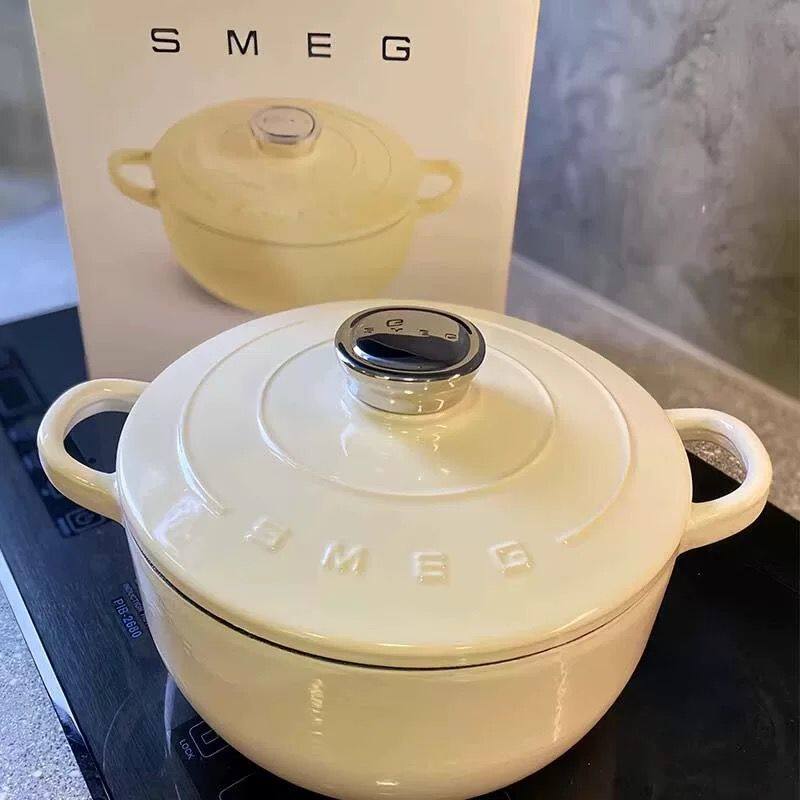 Smeg 4.2L Enamel Pan 24cm Cast Iron Pan Vintage Enamel Gas Cooker with Lid Induction Cooker Universal