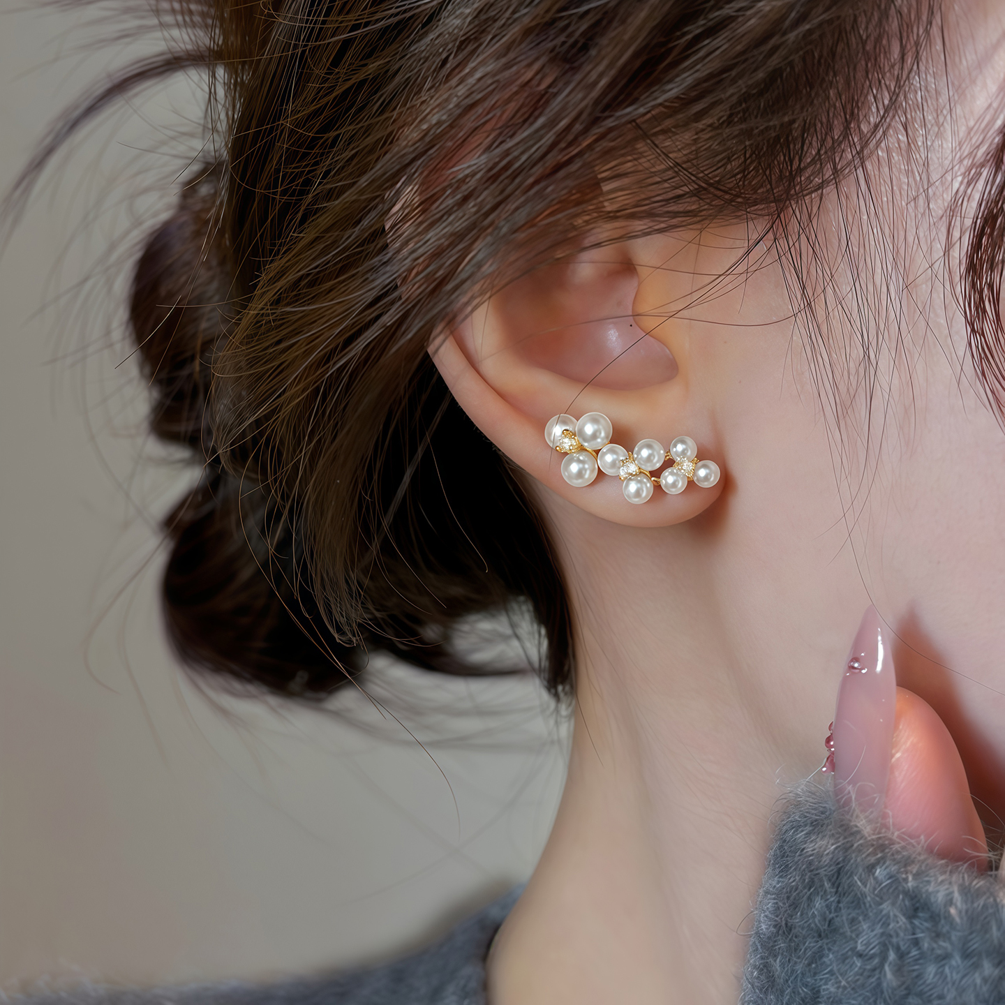 伊灿冷淡风小葡萄珍珠耳钉女纯银