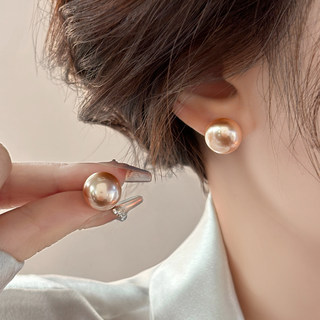 香槟金珍珠耳钉女纯银小众设计高级馒头珠耳饰2024年新款爆款耳环