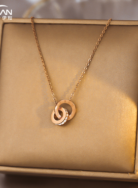 玫瑰金项链女罗马数字双环吊坠钛钢锁骨链气质小众设计感高级颈链