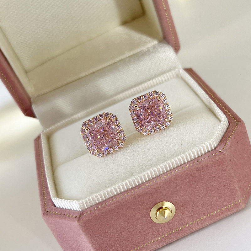 S999纯银针粉色锆石耳钉女2026年新款爆款简约耳环轻奢高级感耳饰