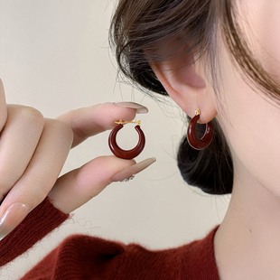 红色滴釉圈圈耳环2026年新款纯银针耳钉女轻奢小众设计高级感耳饰