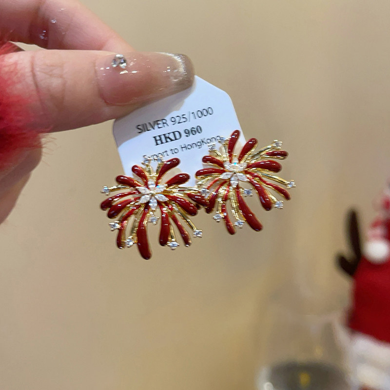 酒红色精致水钻烟花耳钉女2025新款爆款耳饰高级感耳夹纯银针耳环,饰品/流行首饰/时尚饰品新,耳钉,淘宝优惠券,粉丝福利购,淘宝优惠卷