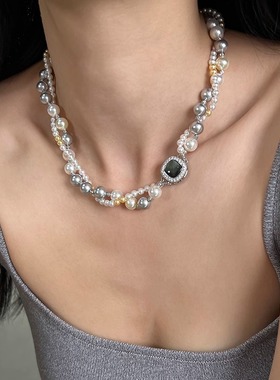 日韩双层叠戴珍珠项链女小众设计高级感颈链2024年新款爆款锁骨链