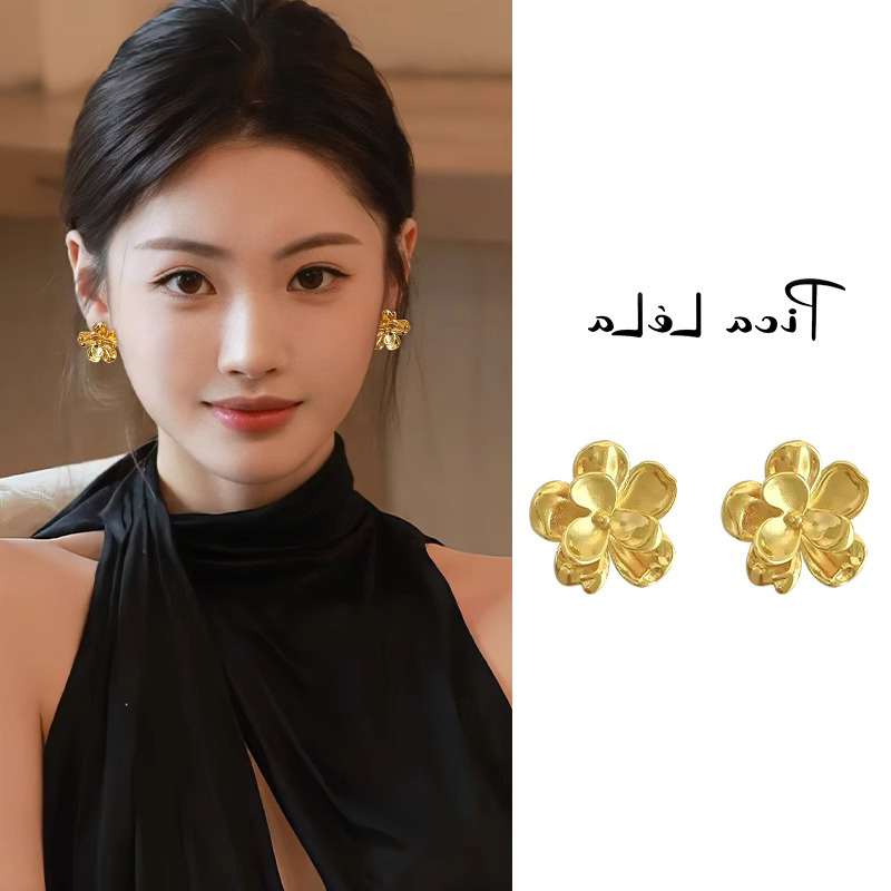 伊灿金色网红同款花朵耳钉女纯银