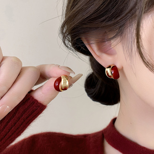 安可拉红色滴釉百搭耳钉2026新款爆款纯银针耳环女个性高级感耳饰