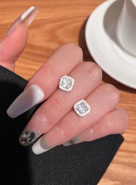 S999纯银针方形锆石耳钉女高级感防过敏耳环2025新款爆款百搭耳饰