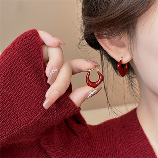 安可拉红色轻奢耳扣高级感耳钉女2026新款爆款耳环小众纯银针耳饰